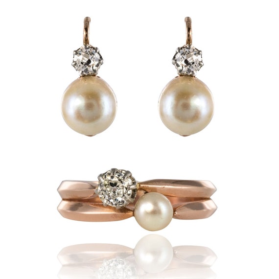 19th Century French Diamond Natural Pearl Earrings and Ring Set Etsy Mexico