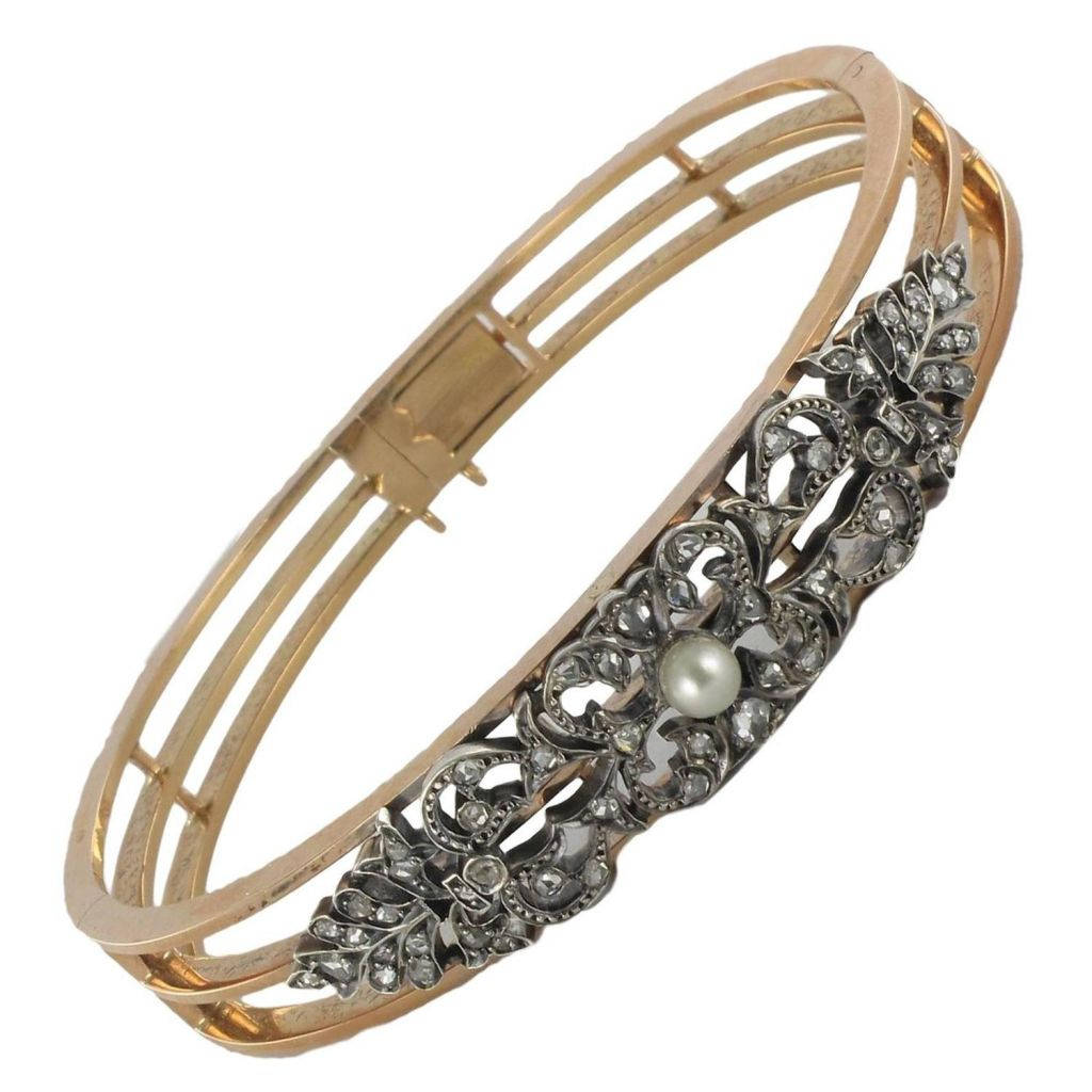 French Napoleon III Natural Pearl and Rose Gold Belt Bangle