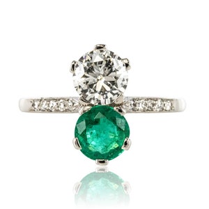 1930s French Platinum Art Deco Emerald Diamond &quot;You and Me&quot; Ring