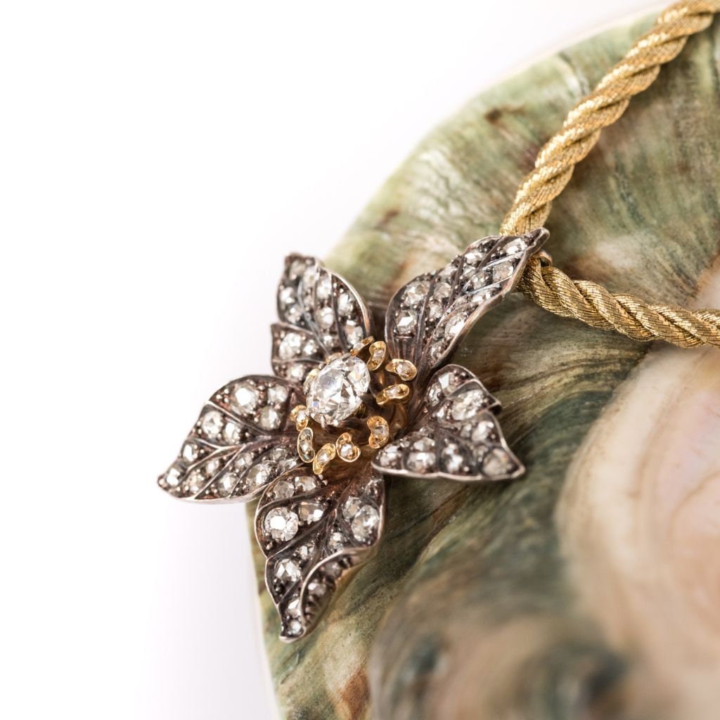 Pendentif Antique Or Rose 18k - Fleur Avec Agate Œil De Chat & Diamant - Vers 1900