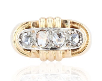 French 1940s Rose- Cut Diamonds 18 Karat Yellow Gold Tank Ring