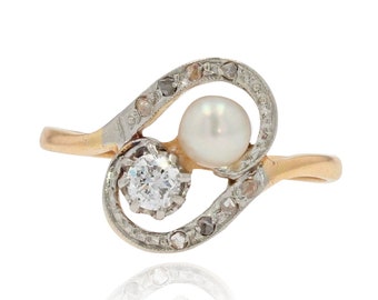 19th Century Natural Pearl Diamond 18 Karat Yellow Gold Duo Ring