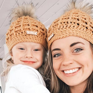 Crochet Waffle Mommy and Me matching hat set. Free shipping. Made to order. Woman child baby winter hat