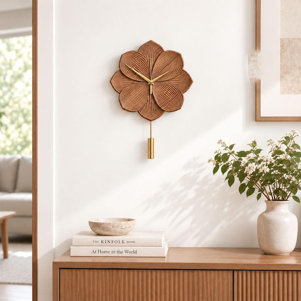 Handmade Solid Wood Flower Clock, Carved Wooden Pendulum Wall Clock, Silent Movement, Natural Japandi Home Decor