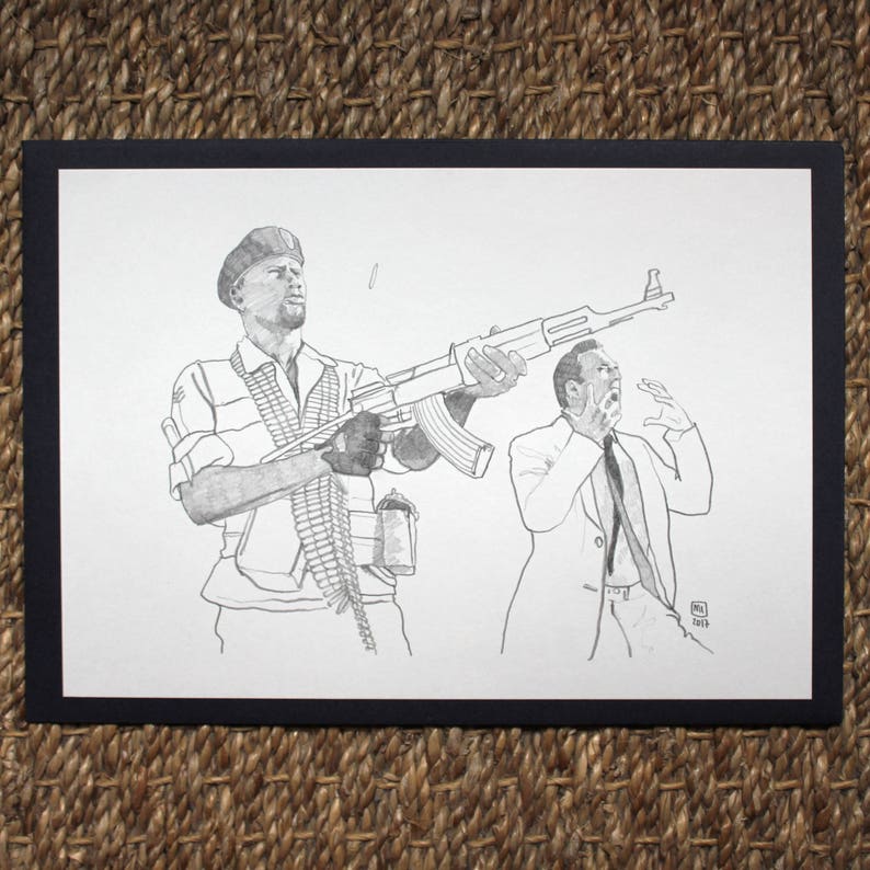 Dessin original crayon sc\u00e8ne de cin\u00e9ma film Lord of War illustration Andr\u00e9 Baptiste Jr Yuri Orlov