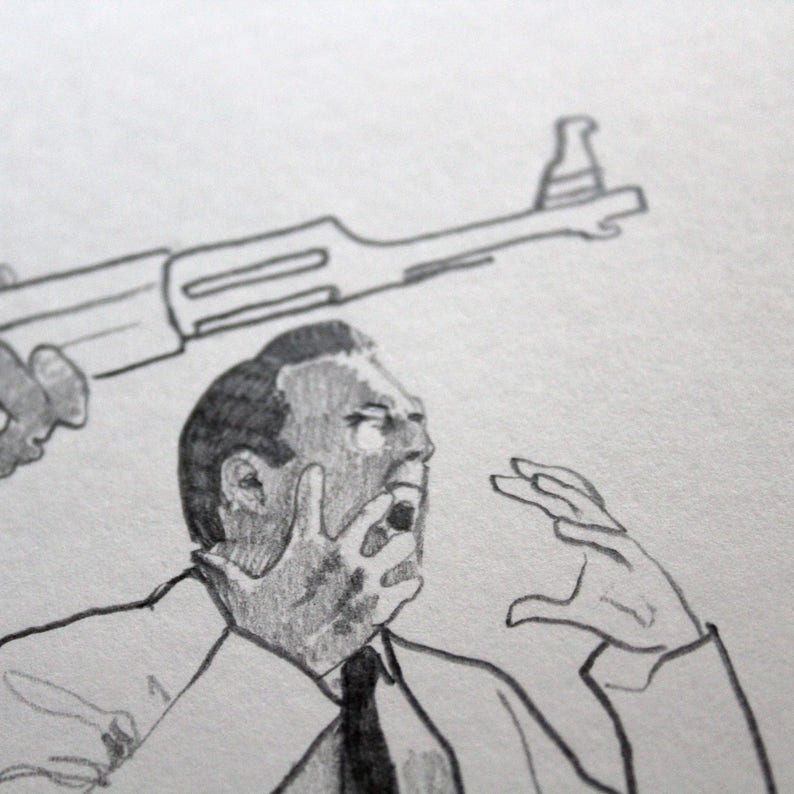 Dessin original crayon sc\u00e8ne de cin\u00e9ma film Lord of War illustration Andr\u00e9 Baptiste Jr Yuri Orlov