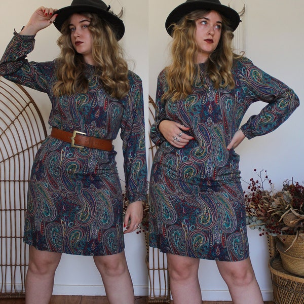 Vintage VTG 90's 1990's Paisley Long Sleeve Mini Dress // Sz 10-12