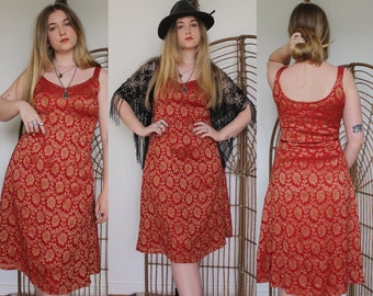 Vintage VTG 90's 1990's Red Gold Thread Sunflower Pattern Knee Length Circle Skirt Dress