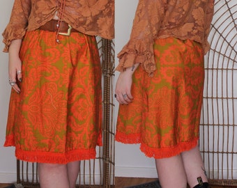 Vintage VTG Upcycled Retro Pattern Skirt with Elastic Waist and Fringing // Sz 12