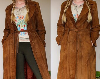 Vintage VTG European Bohemian Brown Suede Long Line Coat with Tie Waist Size 40