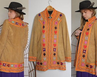 Vintage VTG 00's does 70's Woodstock Bohemian Style Tan Suede Embroidered Jacket// Sz 10