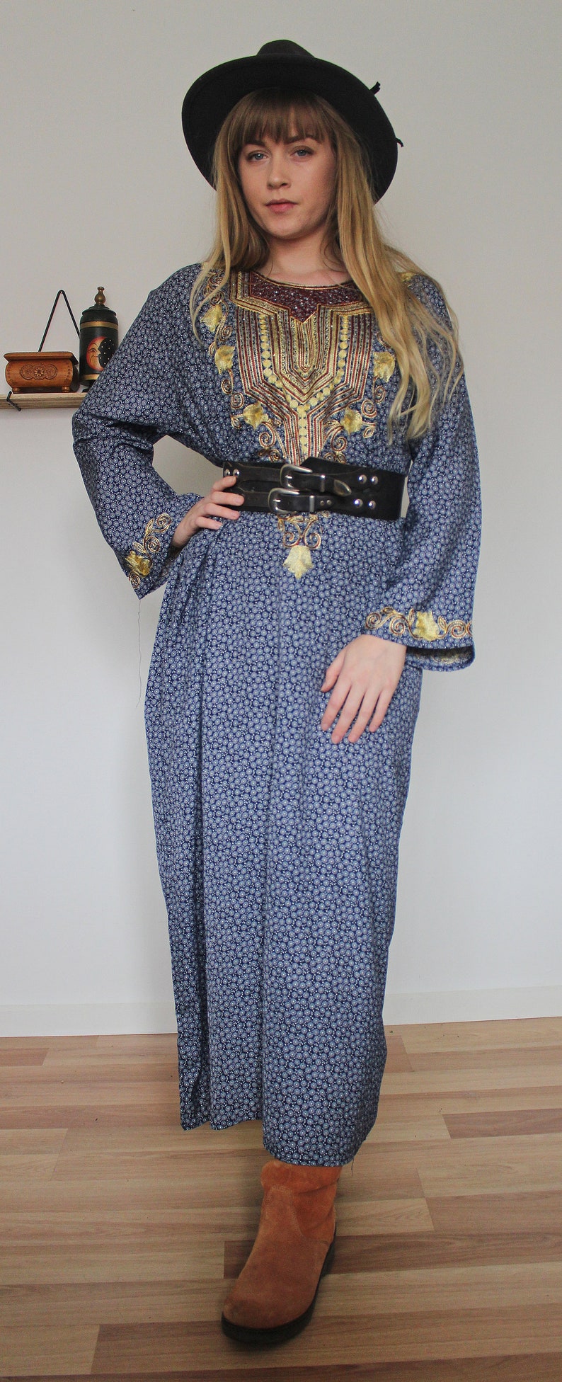 Vintage VTG Golden Embroidered Blue Floral Ethnic Maxi Length Muu Muu Style Dress