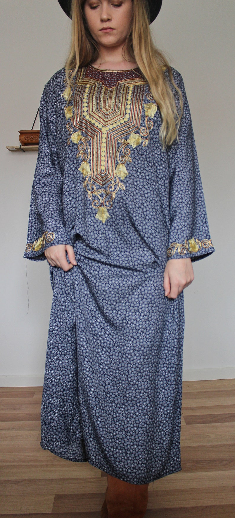 Vintage VTG Golden Embroidered Blue Floral Ethnic Maxi Length Muu Muu Style Dress