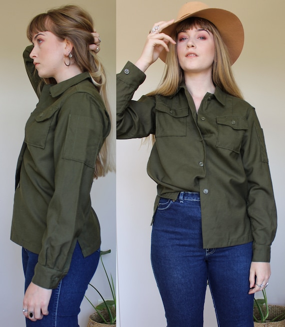 Vintage VTG Army Military Khaki Wool Button Down S
