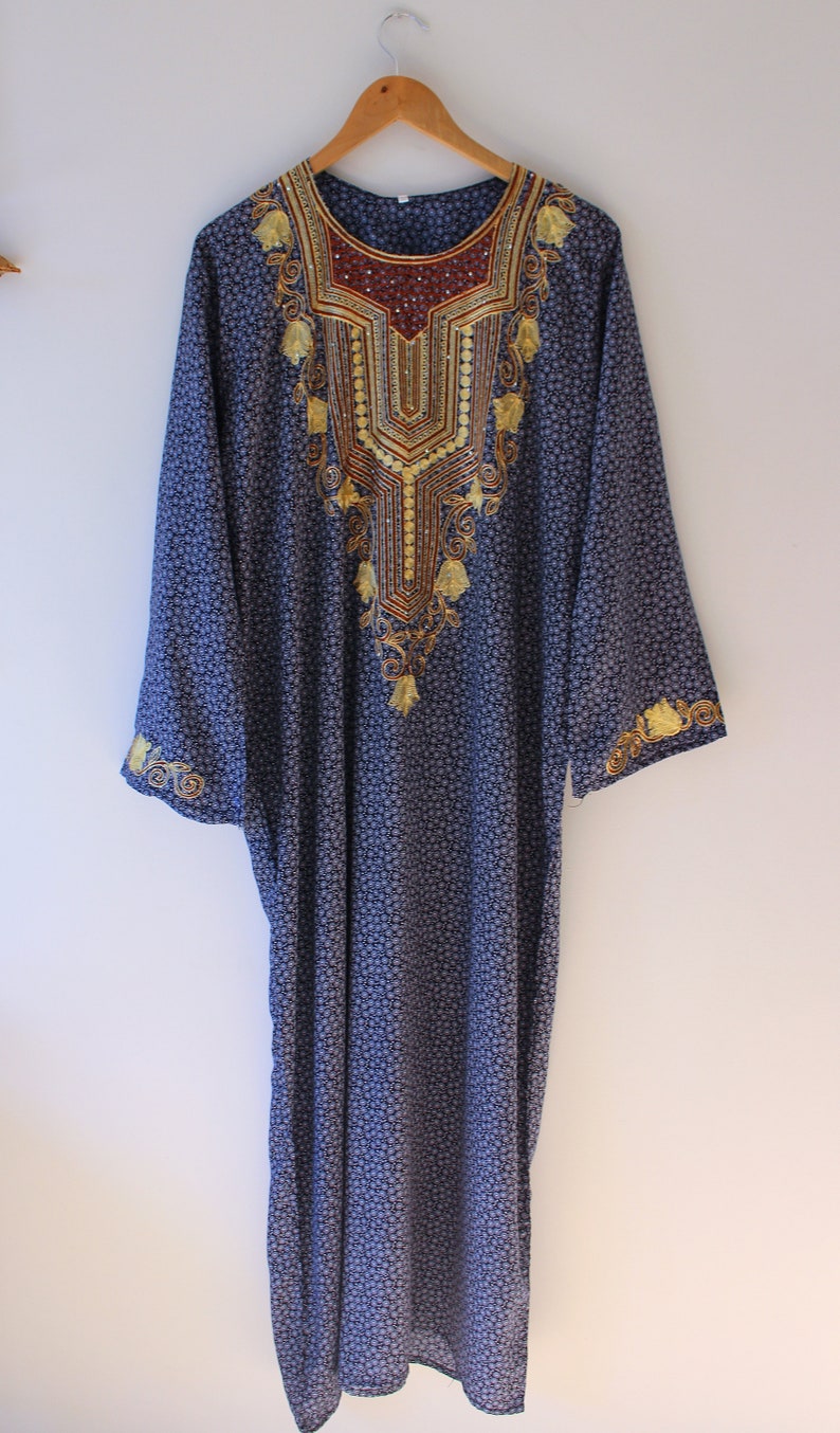 Vintage VTG Golden Embroidered Blue Floral Ethnic Maxi Length Muu Muu Style Dress
