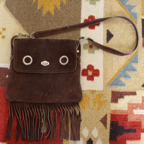 Vintage VTG 70's 1970's Brown Suede O Ring Fringed Bag