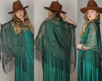 Vintage VTG  Deep Green Lurex Thread Pattern Wrap Tassel Fringed Shawl // OS