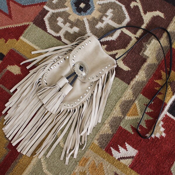 Vintage VTG Western Style Beige Raw Suede Fringed Concho Crossbody Handbag Long Strap