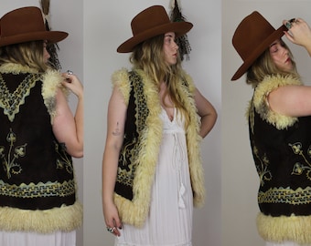 Vintage VTG 60's 1960's Afghan Suede and Mongolian Wool Shearling Lined and Trimmed Embroidered Vest