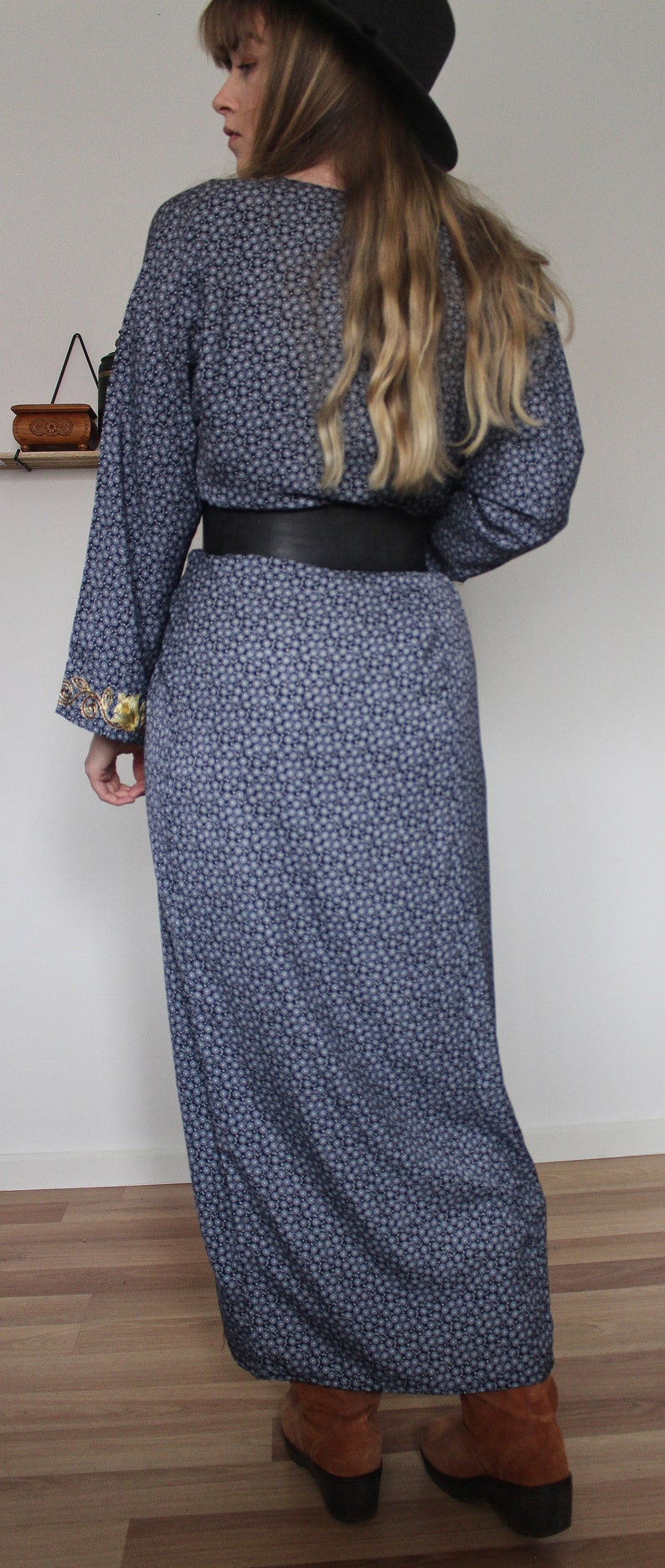 Vintage VTG Golden Embroidered Blue Floral Ethnic Maxi Length Muu Muu Style Dress