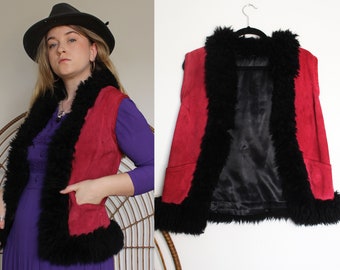 Vintage VTG Magenta Suede and Mongolian Fur Trim Afghan Vest // Sz 6-8