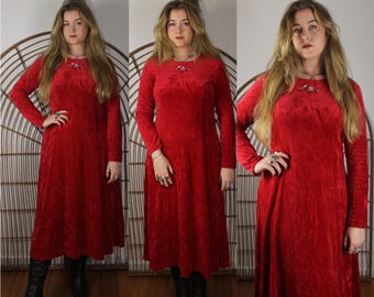 Vintage VTG 90's 1990's Red Velveteen Longsleeve Maxi Dress with Floral Embroidered Details // Sz M