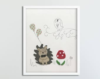 Hedgehog Owl woodland theme personalized Baby birthframe Nursery Art