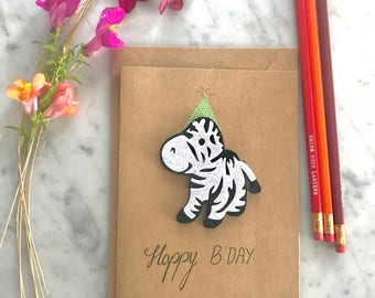 Zebra felt birthday greeting card kraft paper