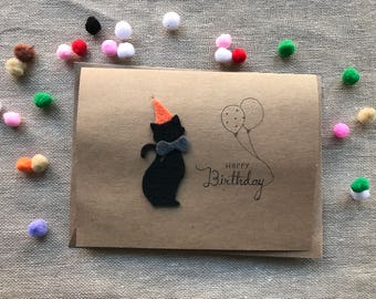 Orange bowtie Cat birthday card made of Felt and kraft paper