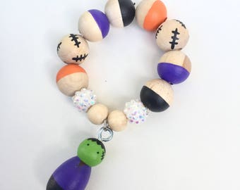 Halloween Frankenstein Bracelet - Frankenstein Bracelet, Toddler Fashion, Halloween Jewelry, Kids Halloween Jewelry, hand painted beads