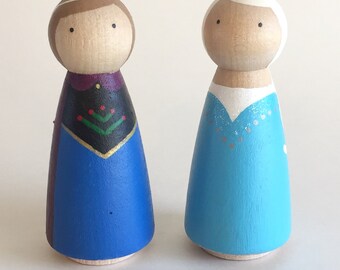 Anna and Elsa Peg Dolls - Frozen Sister, Frozen, Cake Toppers, Disney Princess