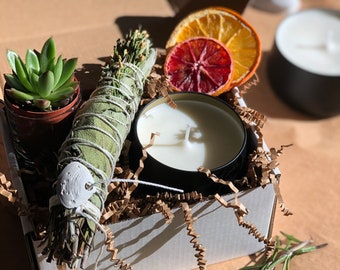 Succulente boîte cadeau avec bâton de tache et bougie