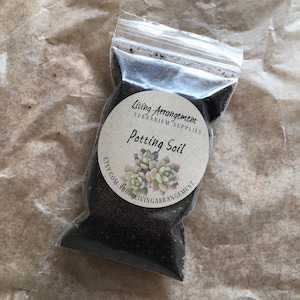 May include: A clear plastic bag filled with dark brown potting soil. The bag has a white circular label that reads "Living Arrangement Terrarium Supplies Potting Soil" with a small succulent plant illustration.