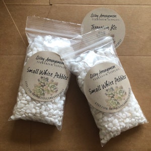 May include: Two bags of small white pebbles for terrariums. The bags are labeled "Living Arrangement Terrarium Supplies Small White Pebbles" and include the Etsy shop name and website address.