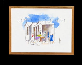 May include: Watercolor and ink artwork in a wooden frame. The artwork depicts beach huts with people relaxing outside. The text "Encres et aquarelles" is written across the top. The artwork is in a light, airy style.