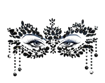 Prima Donna Black Masquerade Crystal Jewel Face Sticker For Raves, Festivals, Outfits, Halloween, Costumes, and More! Waterproof