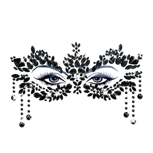 Prima Donna Black Masquerade Crystal Jewel Face Sticker For Raves, Festivals, Outfits, Halloween, Costumes, and More! Waterproof