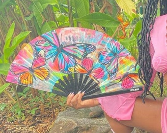 Flutter Bye Colorful Butterfly Blue Super Blacklight Large Folding Fan For Raves Festivals - Hand Fan UV