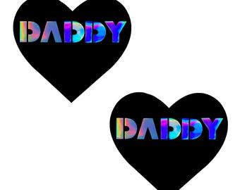 Daddy Dom Heart Holographic Glitter Nipple Cover Pasties  For Raves, Festivals, Halloween Costumes, Costume, Dates and more! WATERPROOF