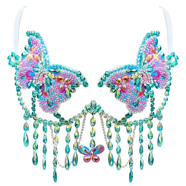 Enchanted Butterfly Beaded Sparkle Carnival Bra for Festival Rave Halloween Costume Pink Blue Jewels and Crystals