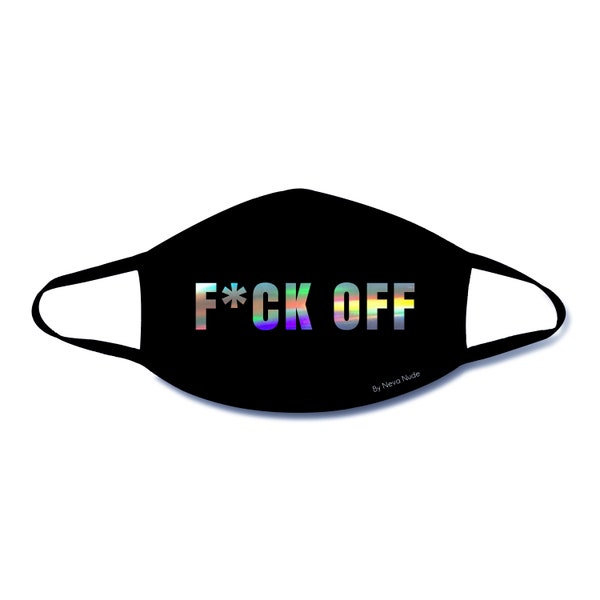 F*CK OFF Holographic Black Face Mask For Festivals and Raves, Breathable, Reusable, Cotton Liner