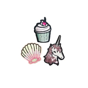 Pastellstans Snäckskal Enhörning Cupcake 3-pack Strykmärke Samlarklistermärke Gåva Idé
