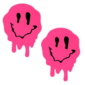 Smiley Vibes Melty Face Neon Pink Blacklight Nipple Cover Pasties For Raves Festivals Halloween Gifts and More Waterproof