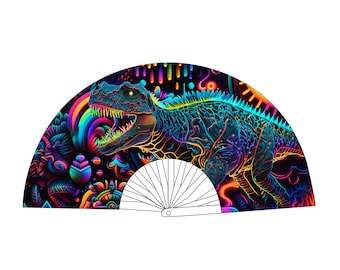 Dino Dinosaur TRex Neosauraus Neon Blacklight Large Folding Fan For Raves Festivals - Hand Fan UV
