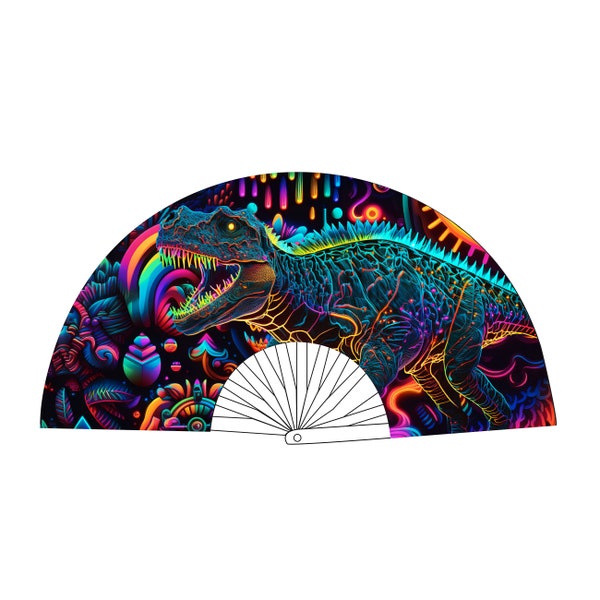 Dino Dinosaur TRex Neosauraus Neon Blacklight Ventilador plegable grande para festivales Raves - Ventilador de mano UV