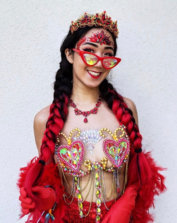 Red Heart Blushing Crystal Blacklight Rave Festival Parade Valentines  Costume Handmade Carnival Bra Bralette for Halloween and Costumes 