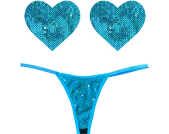 Mahi Mahi Sparkle Blue Sequin G-String Thong Naughty Knix Lingerie With Matching Nipztix Pasties For Raves and Festivals