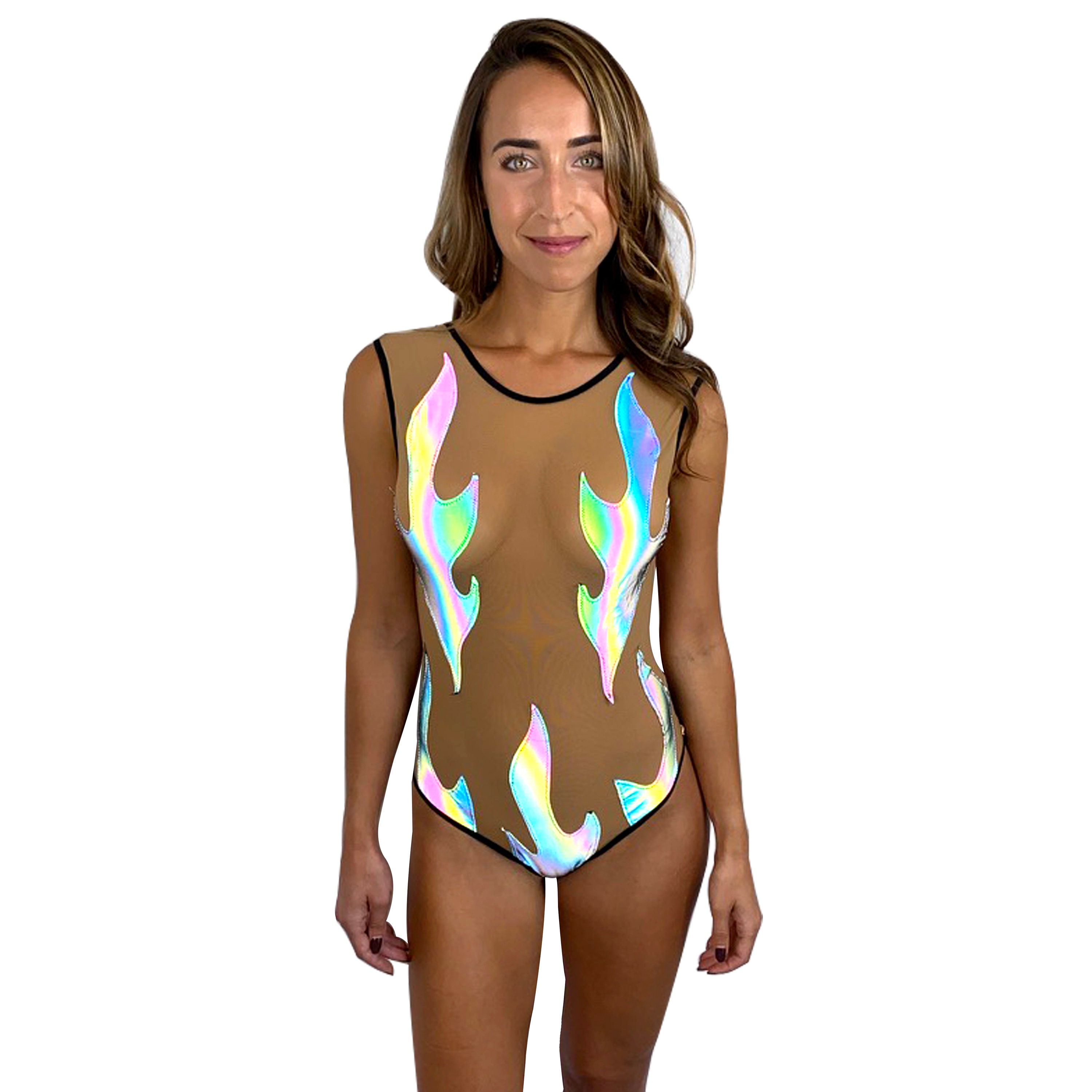 Rainbow Reflective Flame Nude Mesh Bodysuit for Raves, Festivals