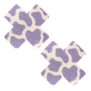 Adesivos para mamilos com glitter e estampa de vaca leiteira lavanda X Factor para raves e festivais traje de cow girl à prova d&#39;água