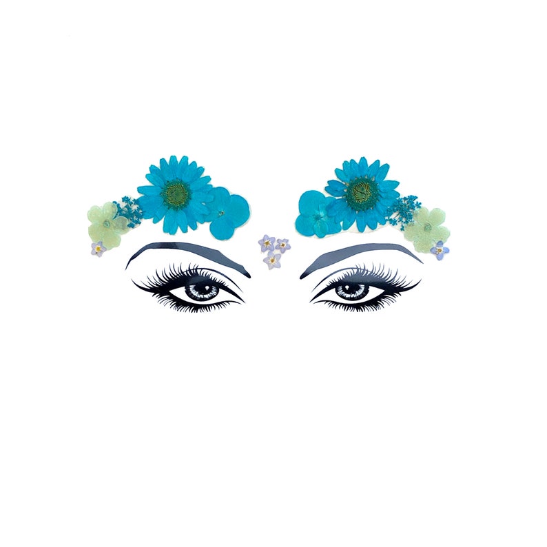 Real Dried Flowers Face Body Sticker For Raves, Festival, Weddings and Makeup Ready to Wear, Peel 'N Stick Blue